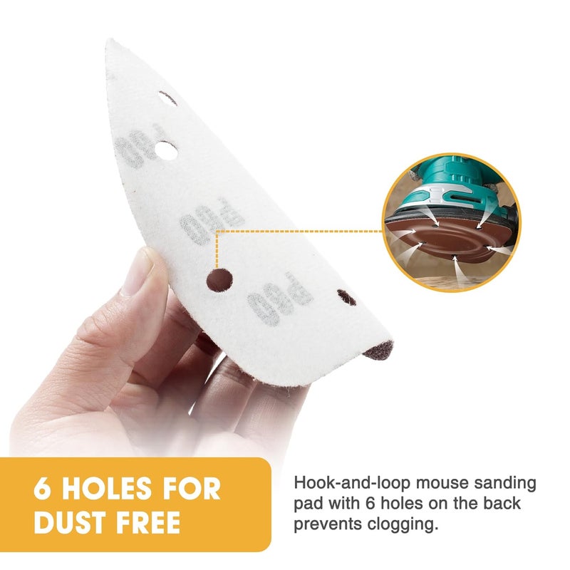 Shawya 60 PCS Mouse Sander Sandpapers 6 Hole Mouse Sand Paper Detail Sander Sanding Disc Mouse Sander Pads Hook and Loop Triangle Sandpaper (60/80/100/120/180/240) -10 PCS for Each Grit - Image 5